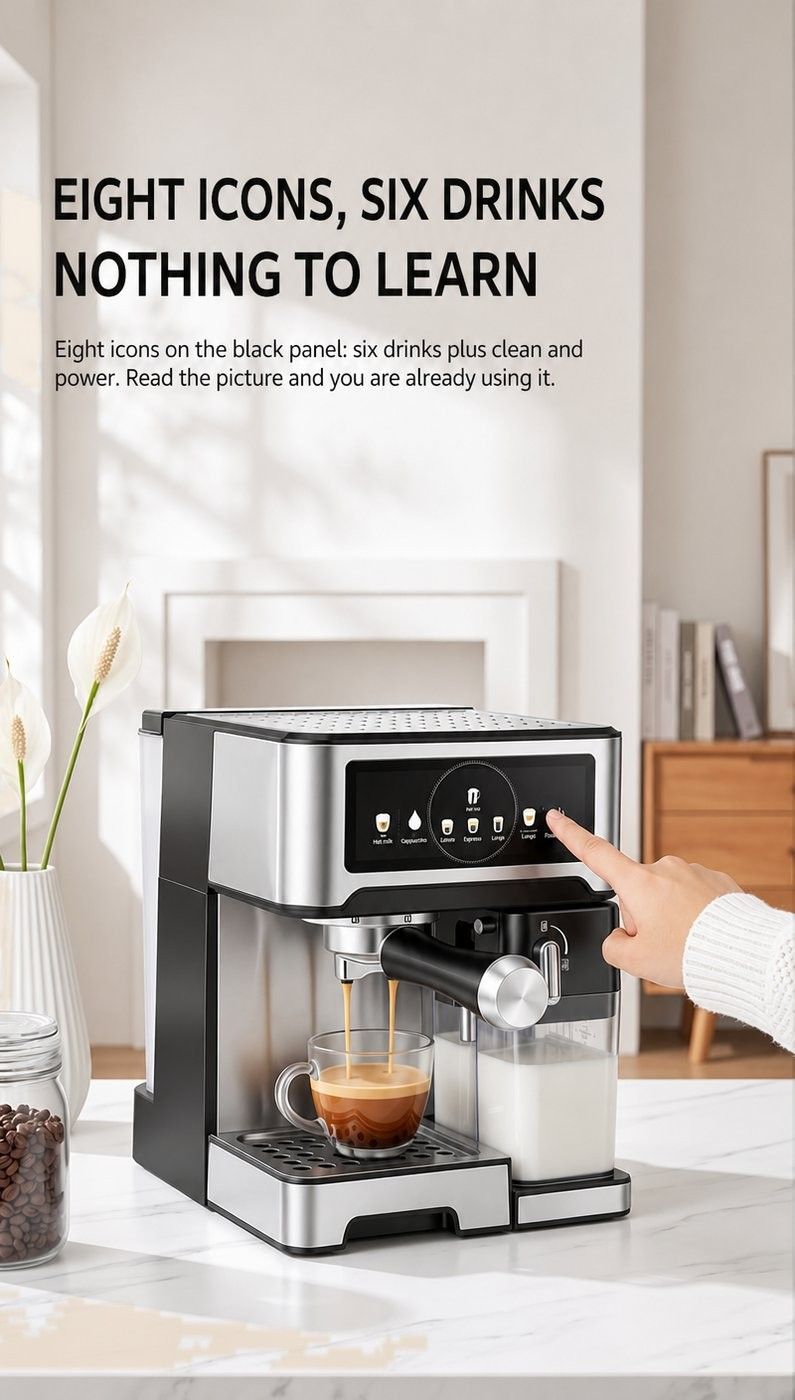 20 Bar Touchscreen Espresso Machine with Sealed Milk Tank — Eight icons, no menu tree