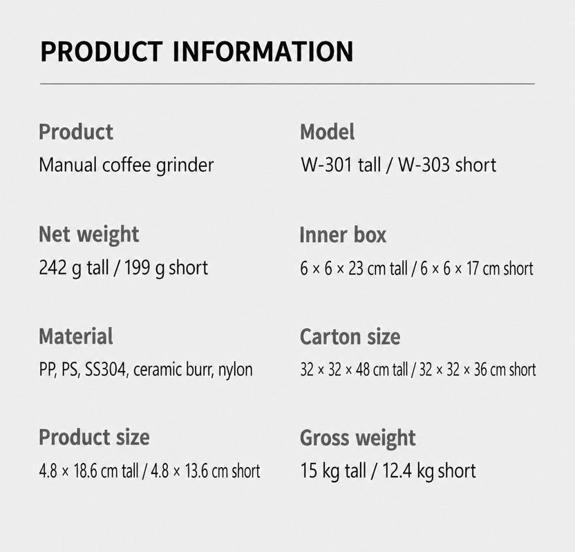 Molino de café manual con muela cerámica — Las cifras, de la ficha del proveedor