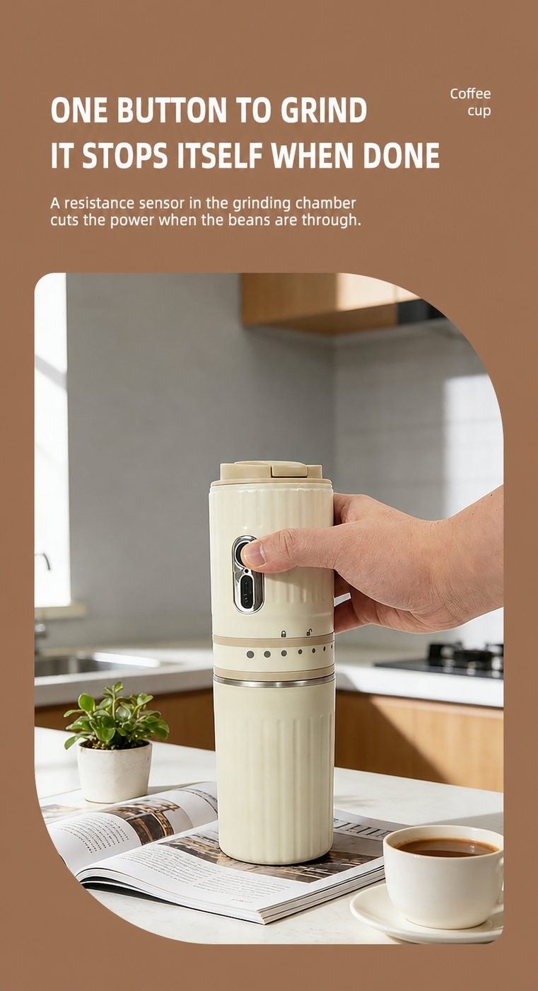 Sladdlös kaffekvarn och pour-over-resemugg — Den stannar när bönorna är klara