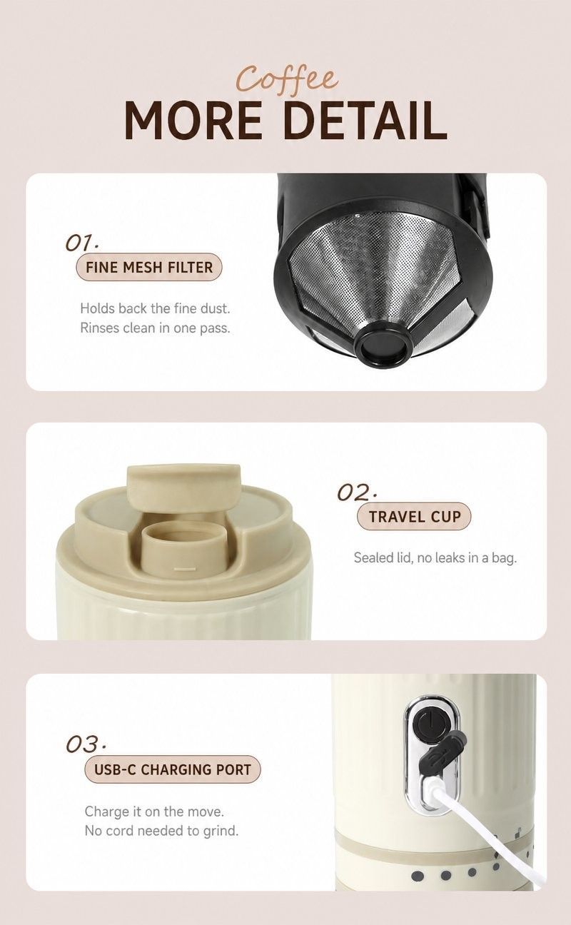 Sladdlös kaffekvarn och pour-over-resemugg — Filter, lock och laddningsport