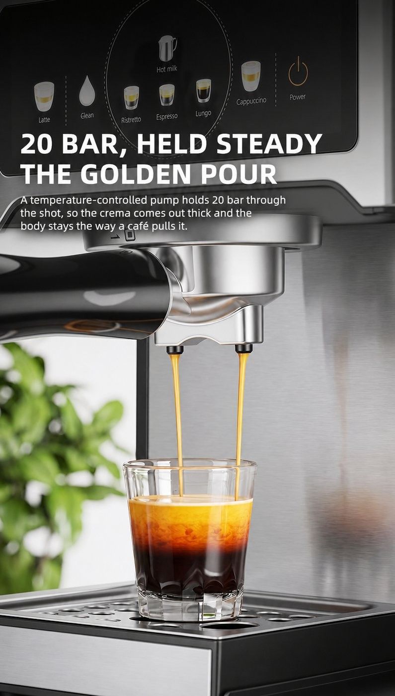 Máquina de Espresso 20 bar com Tela Touch e Reservatório de Leite Fechado — Vinte bar, e dá para ver na xícara