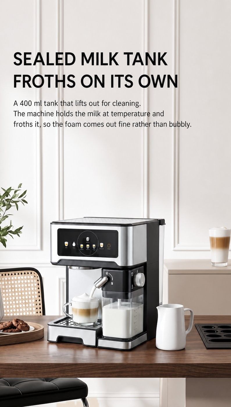 Máquina de Espresso 20 bar com Tela Touch e Reservatório de Leite Fechado — O reservatório de leite é um recipiente à parte