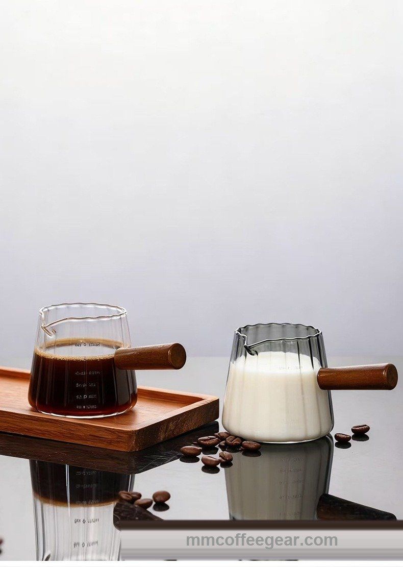 Glass Milk Pitchers — Acacia Handle, 90 to 350 ml — A handle that stays cool
