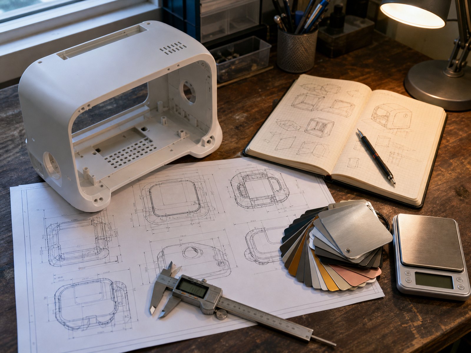 Sample and drawing review on an engineering desk