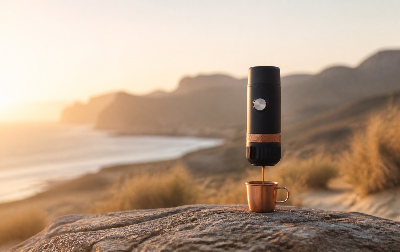 Portable espresso maker pouring into a cup on a coastal rock at sunset
