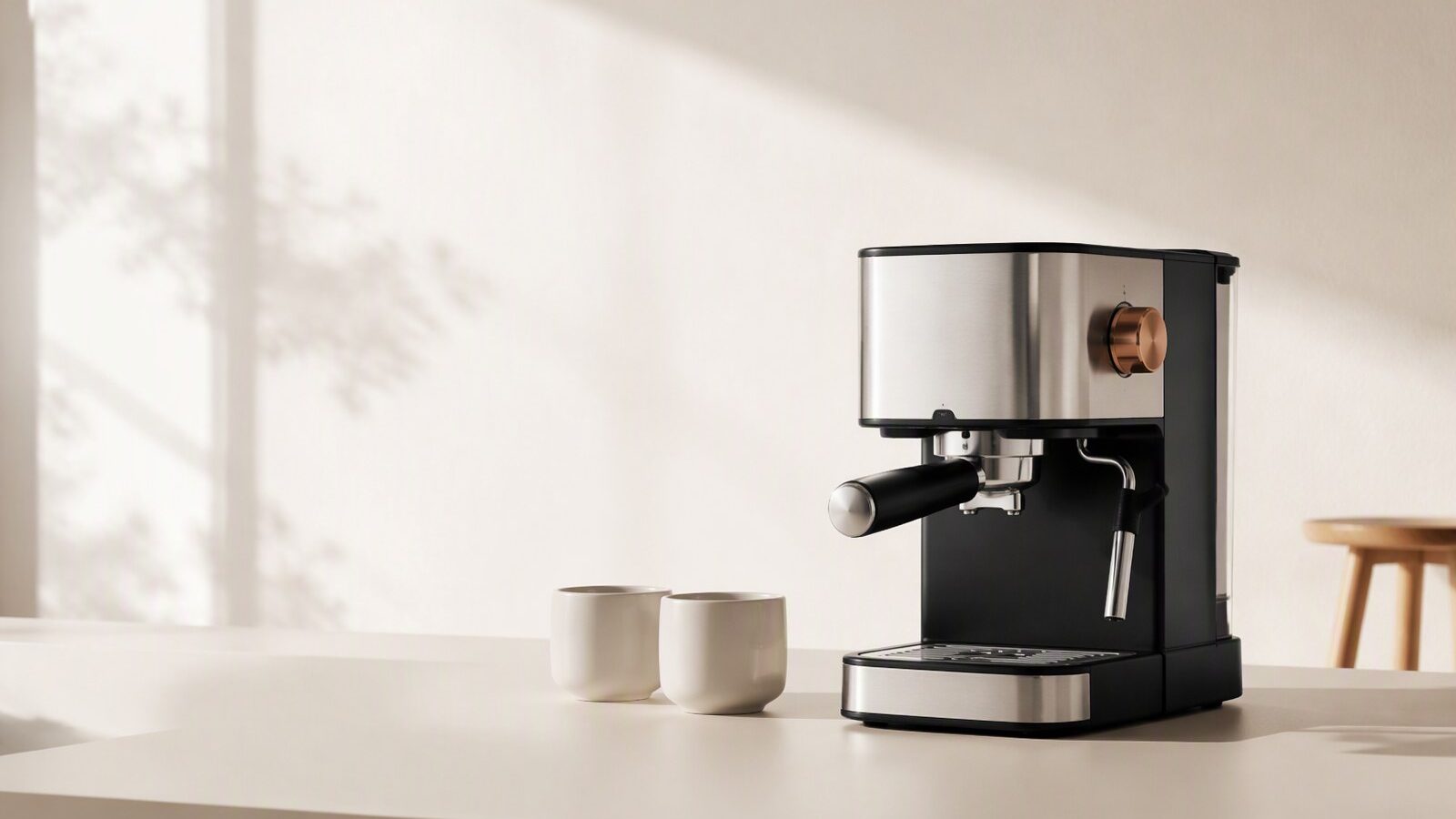 Countertop espresso machine with two cups on a bright kitchen counter