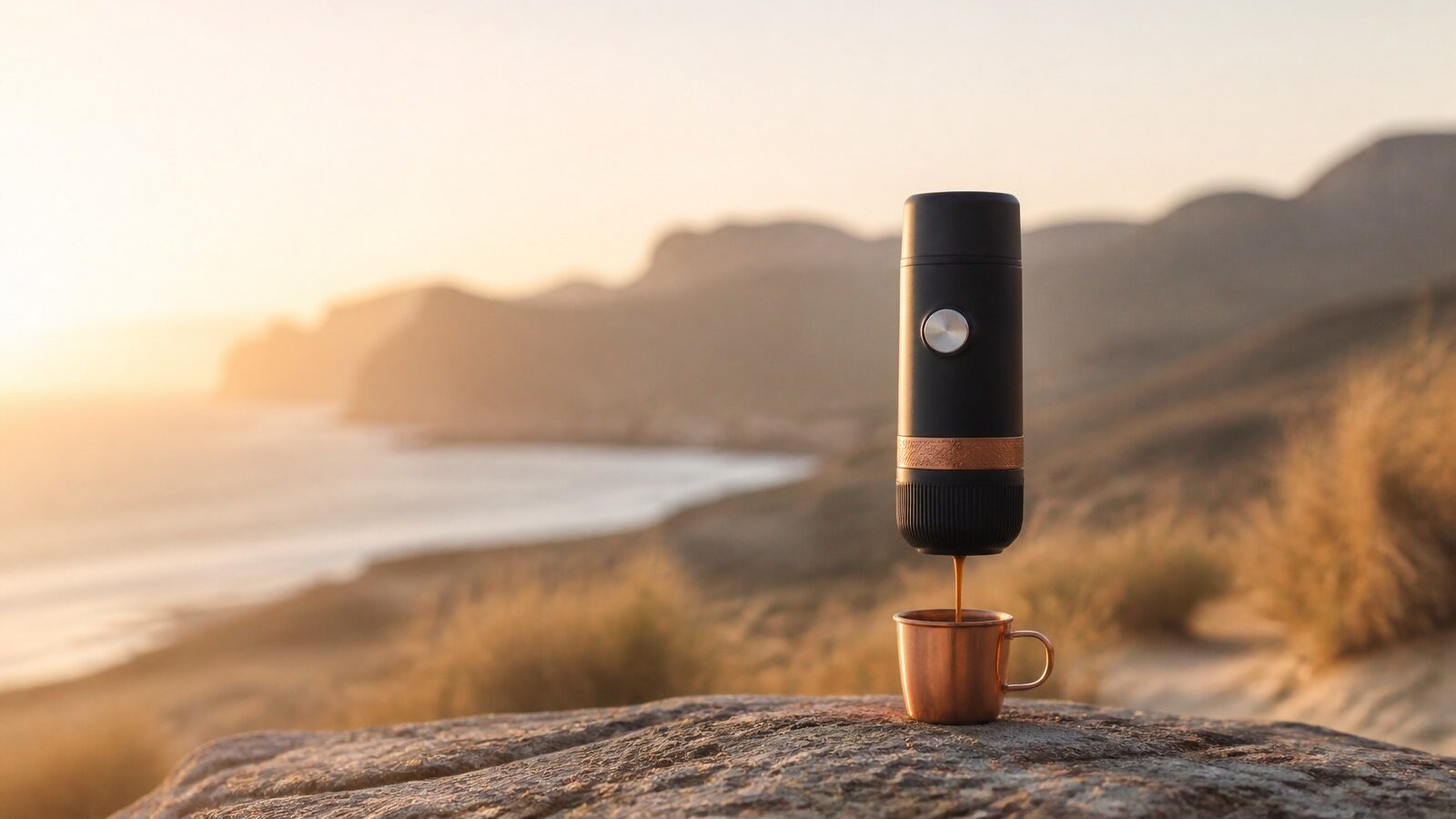 Portable espresso maker pouring into a cup on a coastal rock at sunset