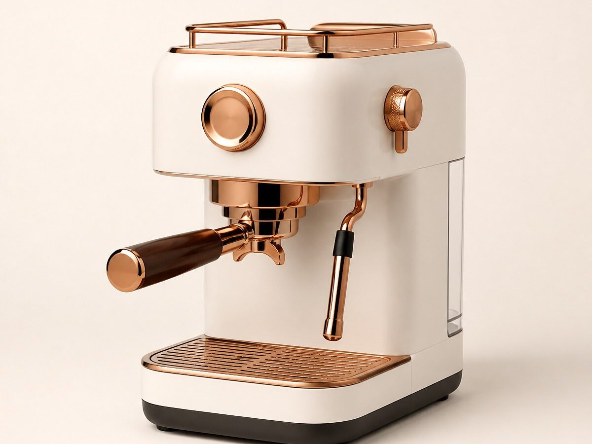 White and copper espresso machine on a plain background